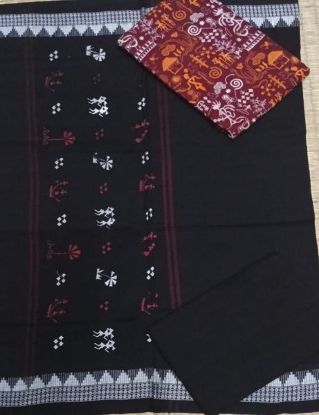 Black and Maroon handwoven ikat salwar suit piece